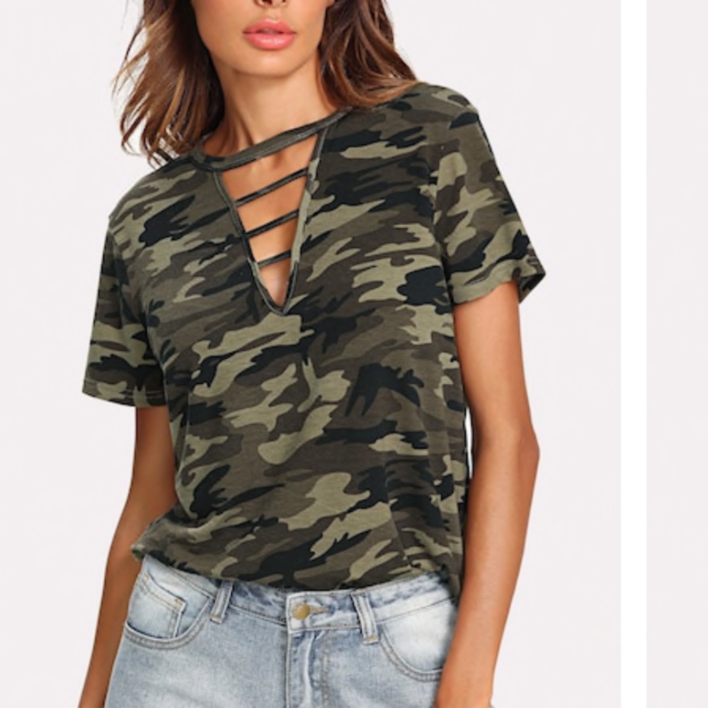 Strappy Choker Neck Camo Tee